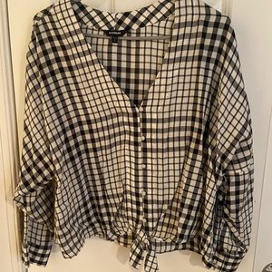 Plaid Black And White Tie Front Blouse. Express. Size M